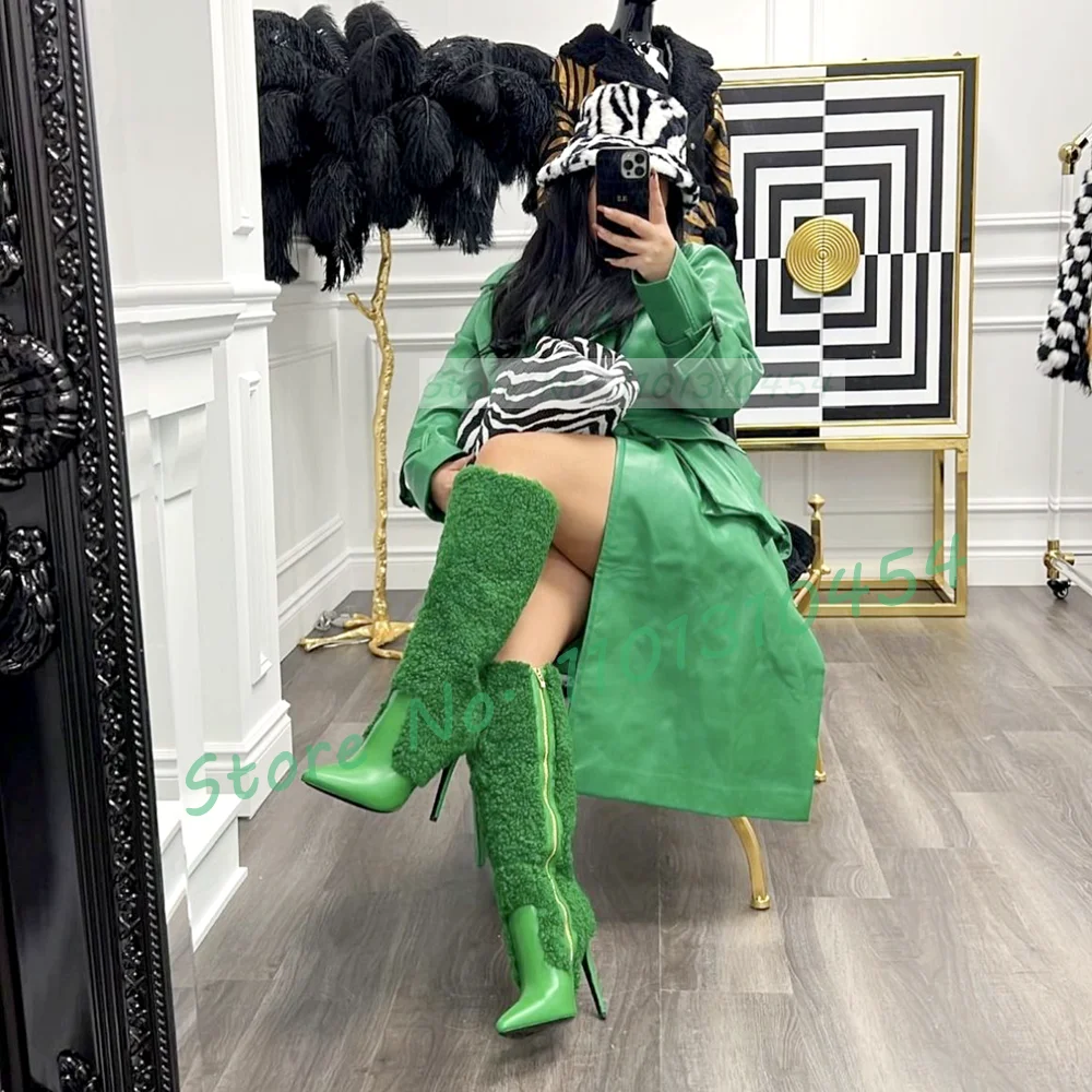 Green Wool Leather Splicing Boots Women Stylish Pointy Toe Knee High Boots Sexy Ladies Stiletto High Heel Side-zipper Dress Shoe