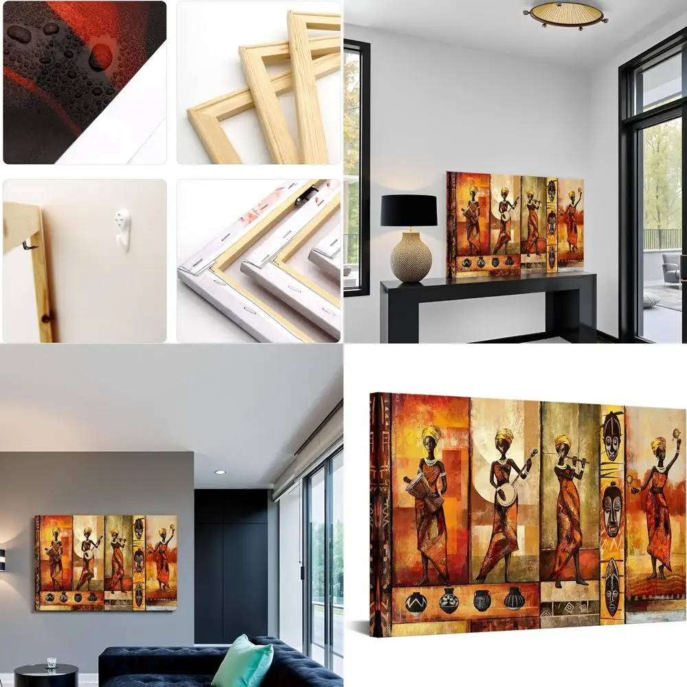 

African Art Decor: Vintage Tribal Women Dance Painting, Medium Size for Home Walls