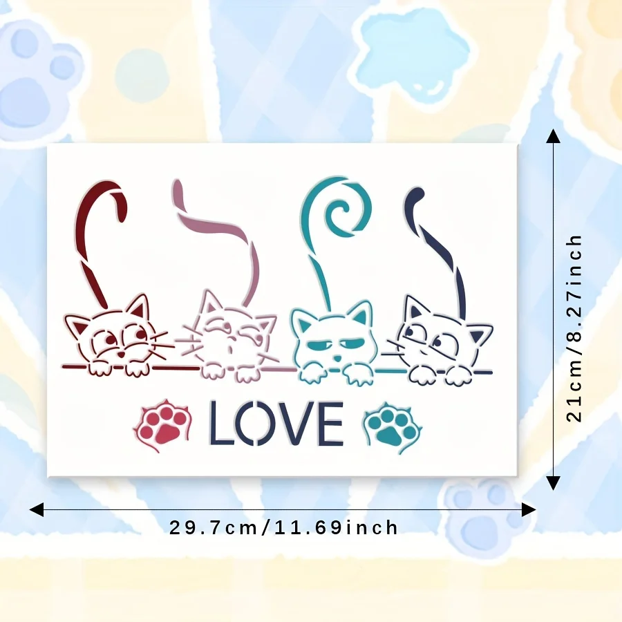 고양이 사랑 그리기 스텐실 |   재사용 가능 |   DIY 중공 에어브러시 템플릿 |   귀여운 발 프린트 디자인 |   공예 낙서 그림 도구