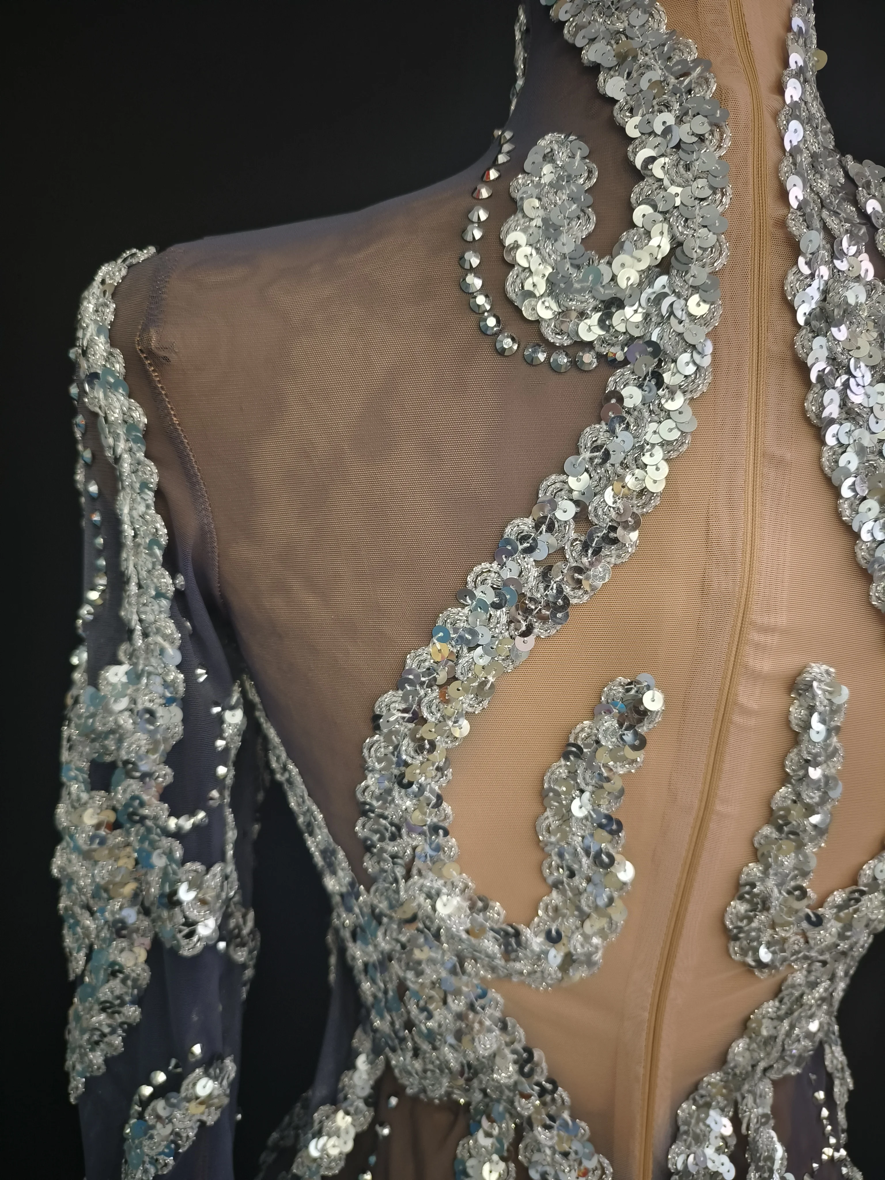 Vrouwen Print Strass Mesh Bodycon Mini-jurk Lange mouw Coltrui Avondfeest Verjaardag Fotoshoot Jurk Toneelkostuums