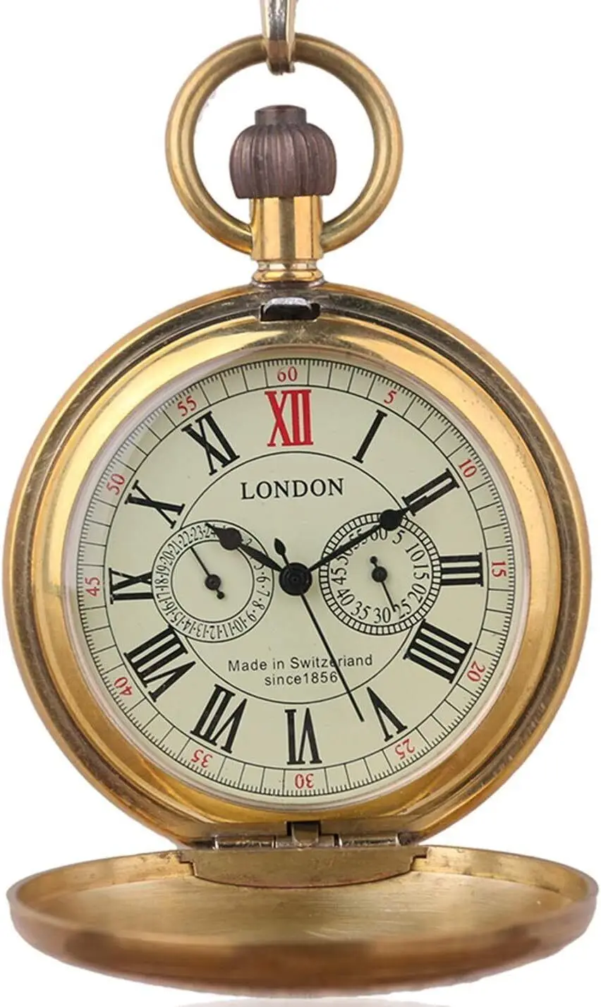 Vintage Copper Train London Design Hand Winding Mechanical Men's Pocket Watch w/Chain Nice Gift view 5