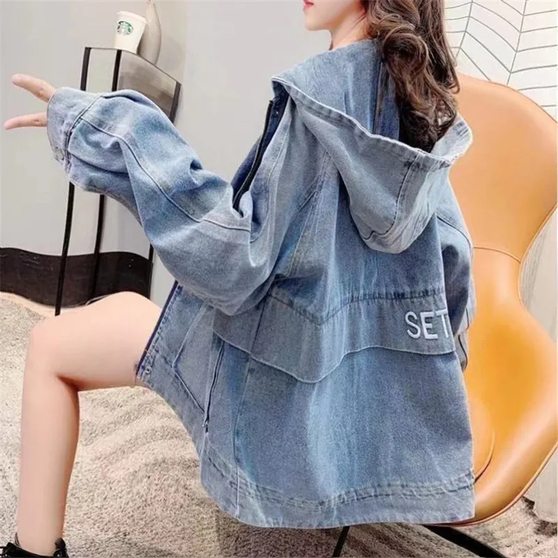 Korean Fashion Streetwear Hooded Sweatshirts Casual Patchwork Pocket Denim Long Sleeve Zip Up Hoodie Jean Jacket for Women Cloth