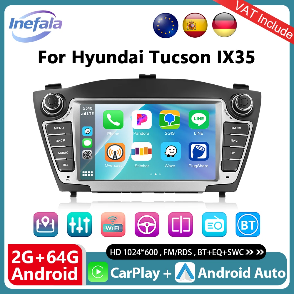 Podofo Wireless CarPlay Android Auto Multimedia-Player für Hyundai Tucson IX35 2009-2015 2G+64G 7'' HD-Touchscreen Autoradio BT GPS Android Radio FM Smart Car Systems Autoradio