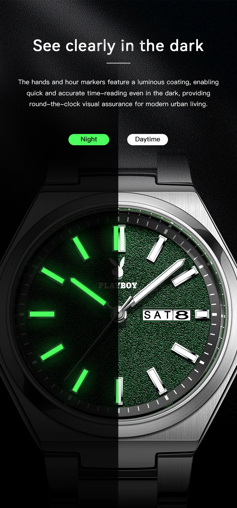 PLAYBOY 3110 Herrenuhr Marke Original Exklusive Mode Einfache Doppelkalender Leuchtende Wasserdichte Quarz-Armbanduhren für Männer – Detail 7