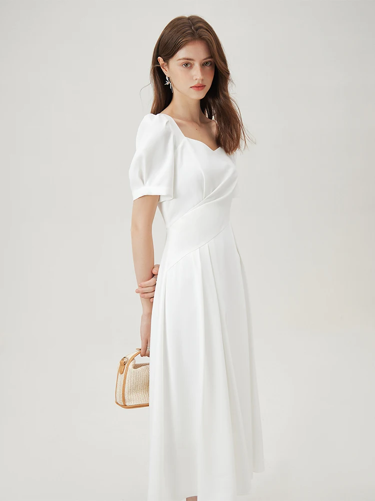 FSLE French Style Square Neck Long Dress For Women 2024 Summer New Holiday Casual All-Match White Dress Women 24FS12421