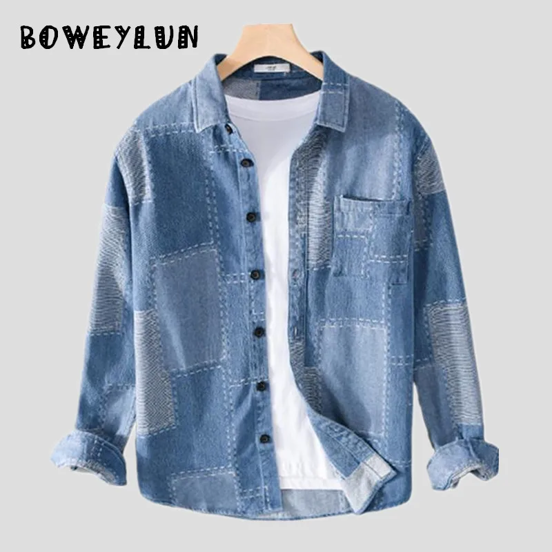 

BOWEYLUN Men's Denim Cotton Long-Sleeved Shirt Youth Japanese Style Casual Blouse For Men