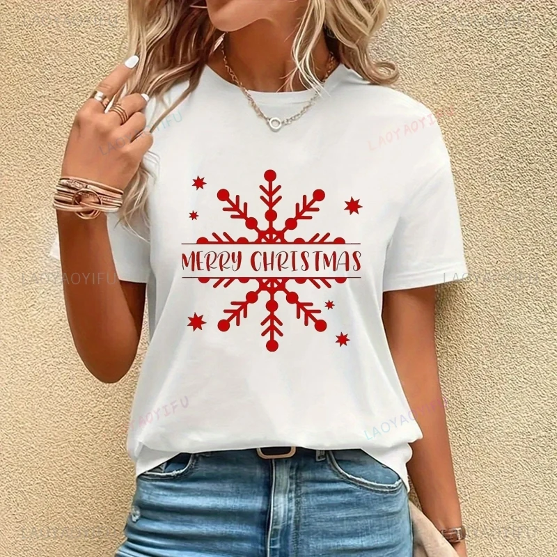 Merry Christmas Snow Print Shirt, Christmas Everyday Casual Clothing, Women's Fashion Short-sleeved Cotton 0 Neck T-shirt