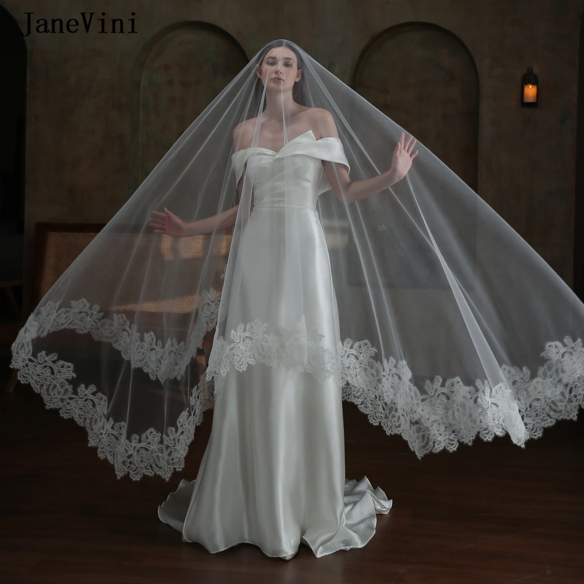 JaneVini-Voile de mariée long européen avec peigne, une couche, bord en dentelle, tulle, élégant, accessoires pour cheveux de mariage, luxe, patients, 2023