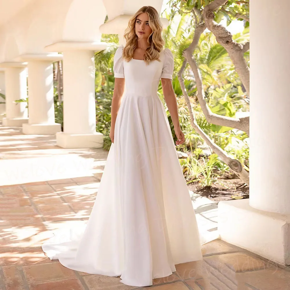 Anmutige A-Linie Damen Brautkleider Square Neck Robe De Mariée Maßgeschneiderte Kurzarm Satin Braut Kleider Vestido De Novia