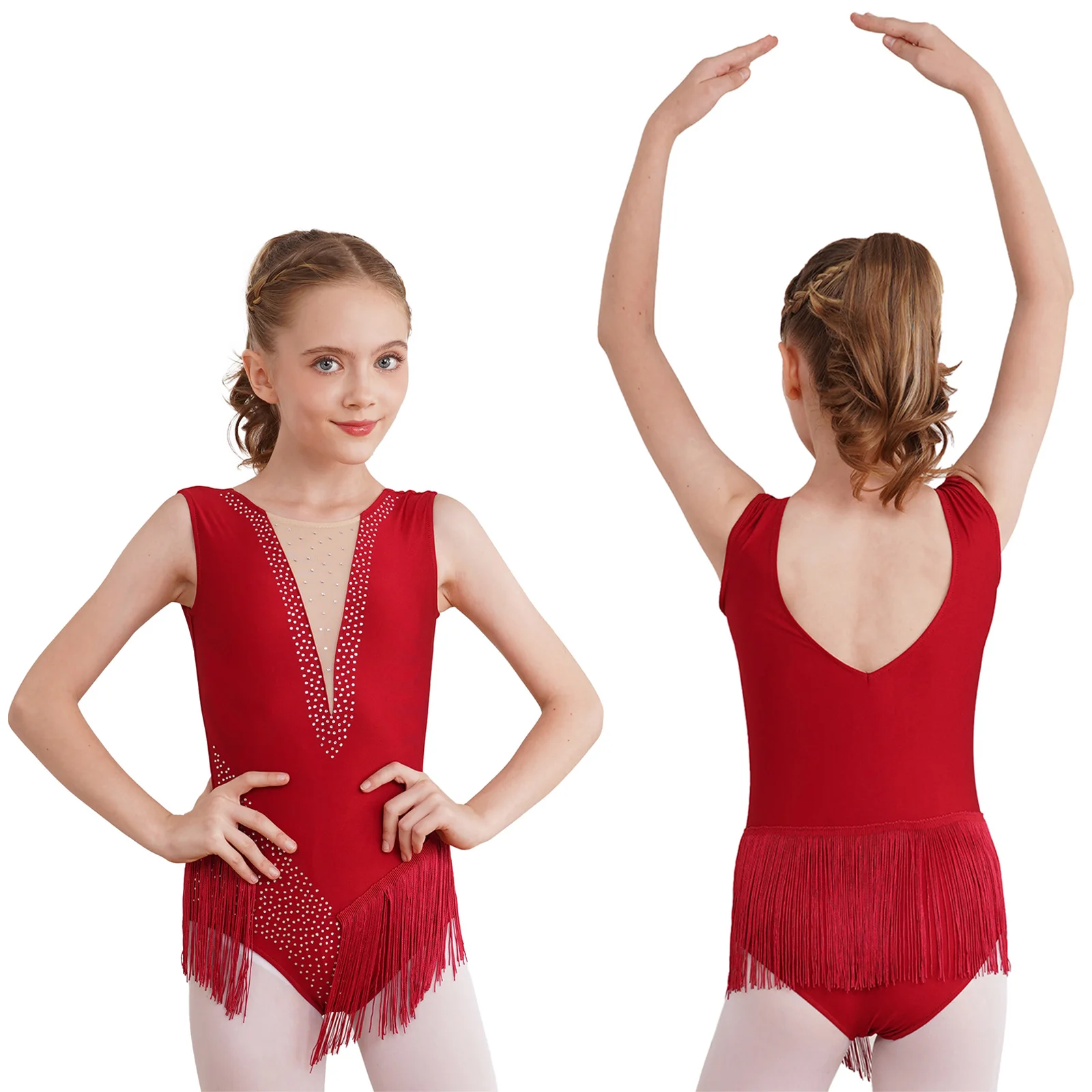 Kinderen Meisjes Pailletten Kwastje Latin Jazz Turnpakje Jurk Ballet Danswedstrijd Prestaties Jumpsuit Rumba Cha Cha Dancewear Kostuum