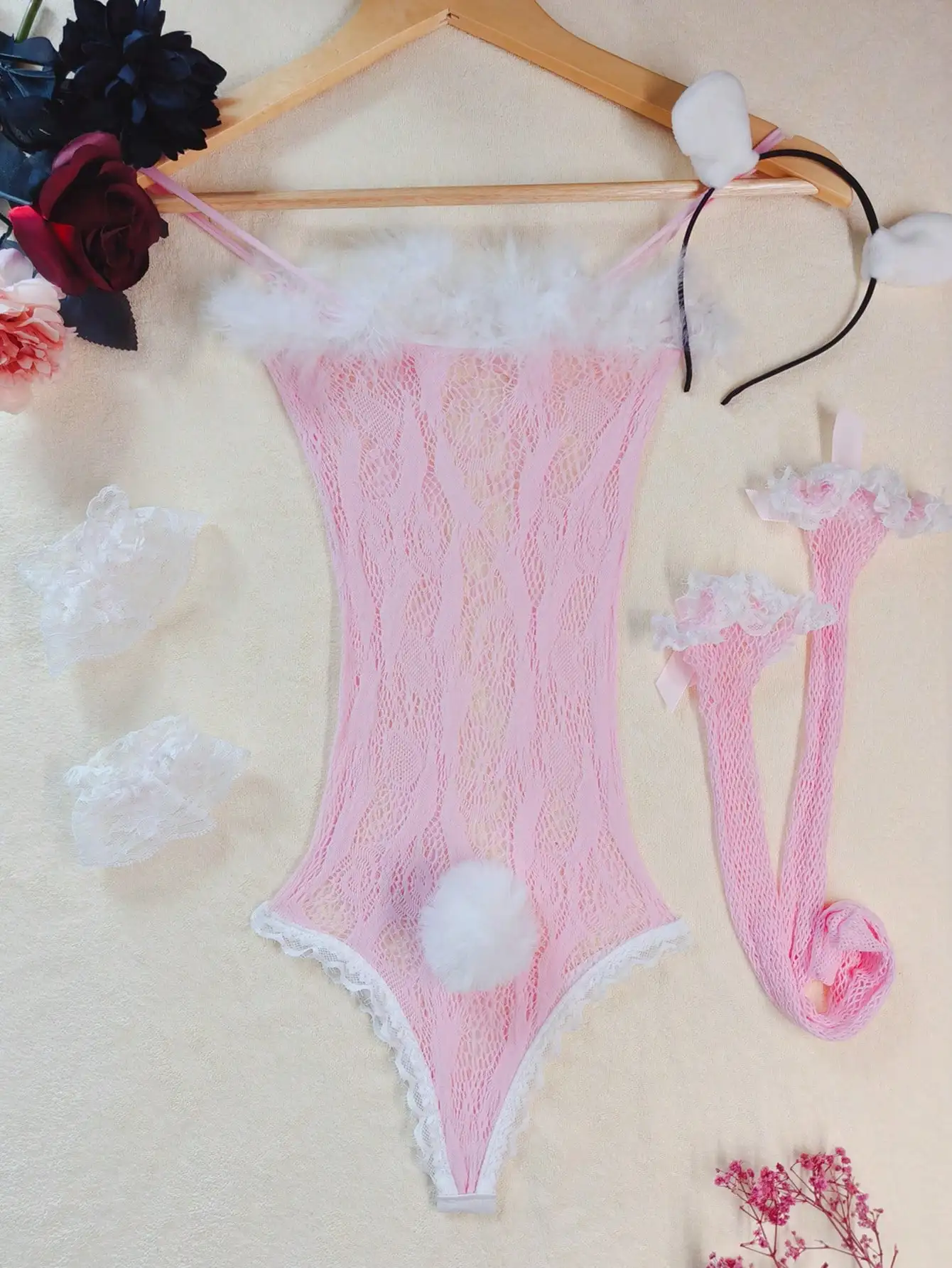 

Pink Lace Bodystocking Set with Feather Trim, Headband, Arm Cuffs & Stockings