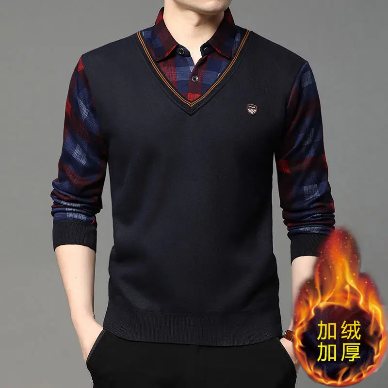 Herren-Langarmshirts mit Fleecefutter, Fake-Two-in-One-Strickhemden, gepunkteter Hemdkragen, V-Ausschnitt, entspannte Passform, warme Oberteile. – Detail 13