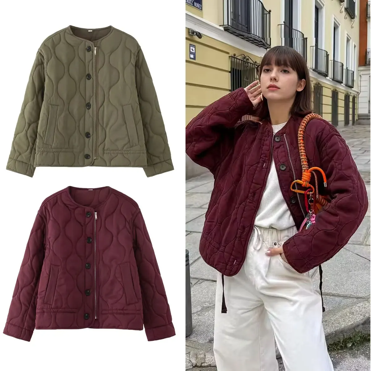 

HH женские модные стеганые стеганые куртки винтажные однотонные куртки на молнии с длинными рукавами и пуговицами пальто 2025 осенне-зимняя верхняя одежда