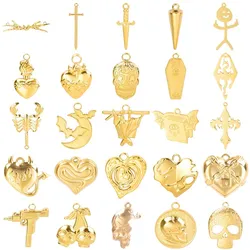 5pcs/Lot Punk Goth Charm Skull Head Sword Gold Color Stainless Steel Charms For Jewelry Making Supplies Animal Bat Heart Pendant