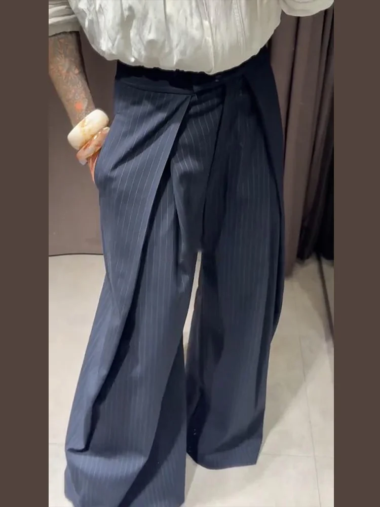 Fashion Street Stripe High Waist Pants Women Loose Wide Leg Pockets Patchwork Trousers Female 2026 Autumn Bottom Lady New