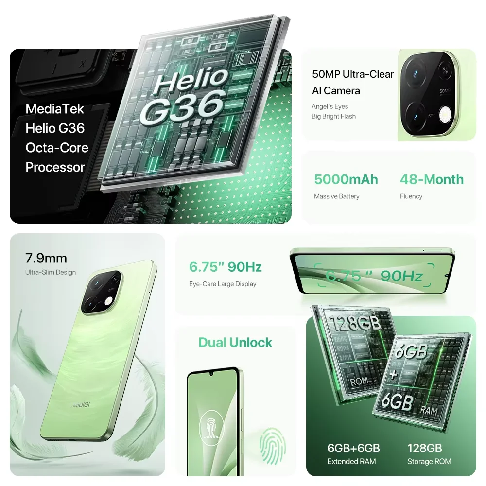 [العرض الأول في العالم] هاتف UMIDIGI G9C MTK Helio Android 14 الذكي 6+6GB 128GB 6.75 بوصة HD+ كاميرا 50 ميجابكسل NFC 5000 مللي أمبير في الساعة