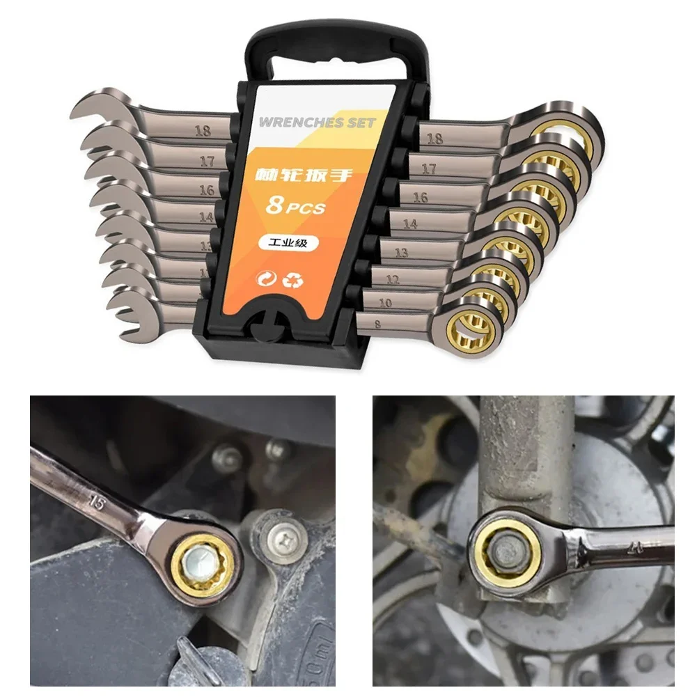 

8PCS 72-Teeth Ratchet Wrench Chrome Vanadium Steel 8-18mm Automotive Repair Tool Industrial Grade Extended Ratchet Wrenches