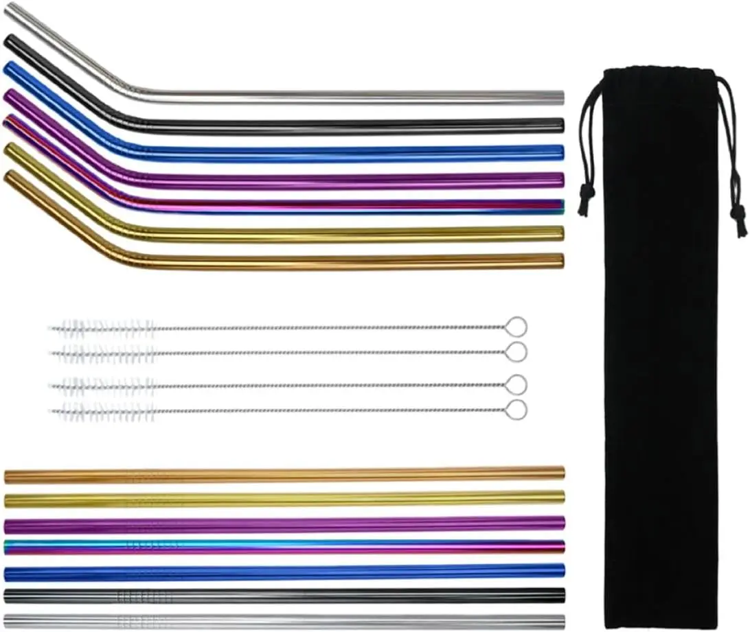 Reusable stainless steel bent tube straws, 11-piece set, food-grade metal drinking straws, with cleaning brush, storage bag