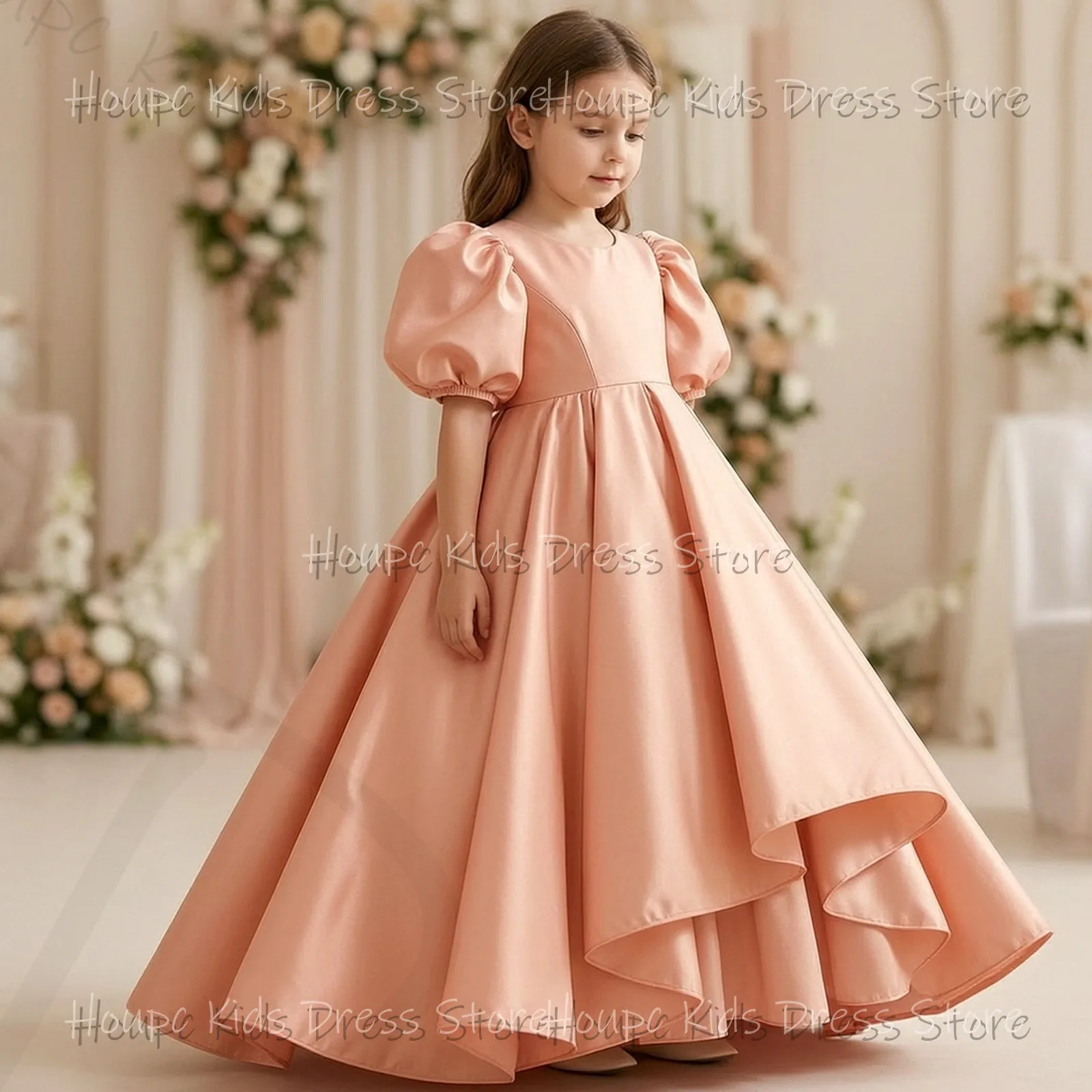 Wedding Custom Flower Girl Dresses Princess Style Satin Puff Sleeve High-Low Hem Wedding Birthday Party Evening Party