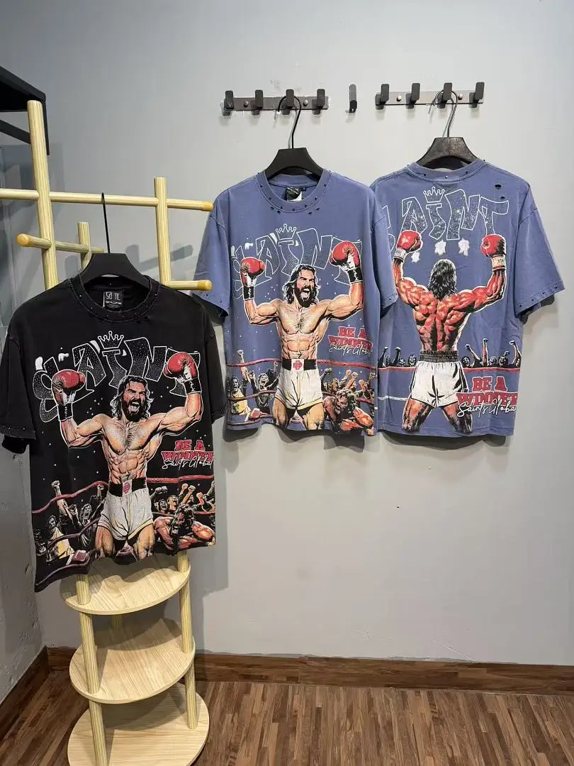 Vintage Saint Washed Rhinestone Boxer Print T Shirt Saint Global Oversized Heavy Cotton Unisex Retro Street Short Sleeve Top