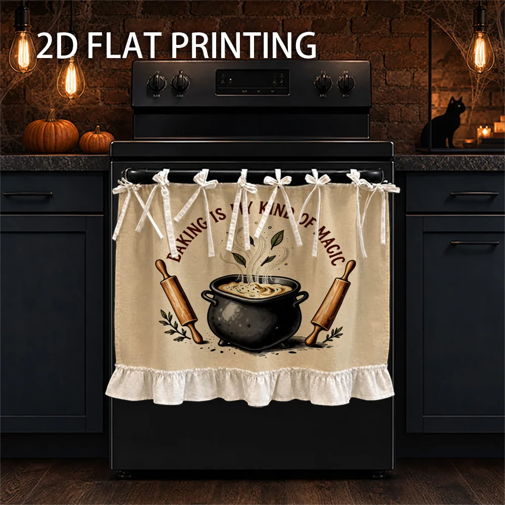 1PC kitchen stove curtain, cabinet curtain and apron. Designed with 2D graphic prints, complete with baking pan, rolling pin gra