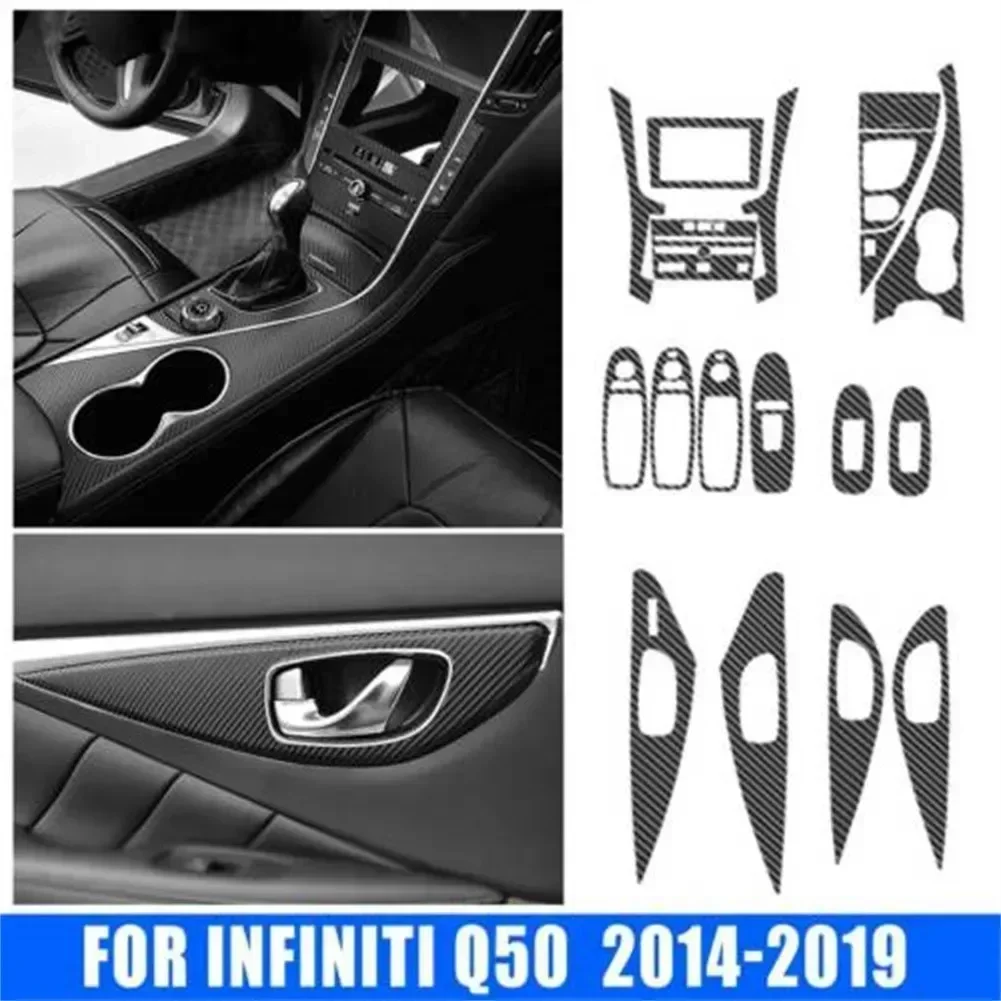 18pcs Black Carbon Fiber Interior Sticker Trim Decorative Glitter For Infiniti Q50 2014-2019 Protective Film Interior Parts