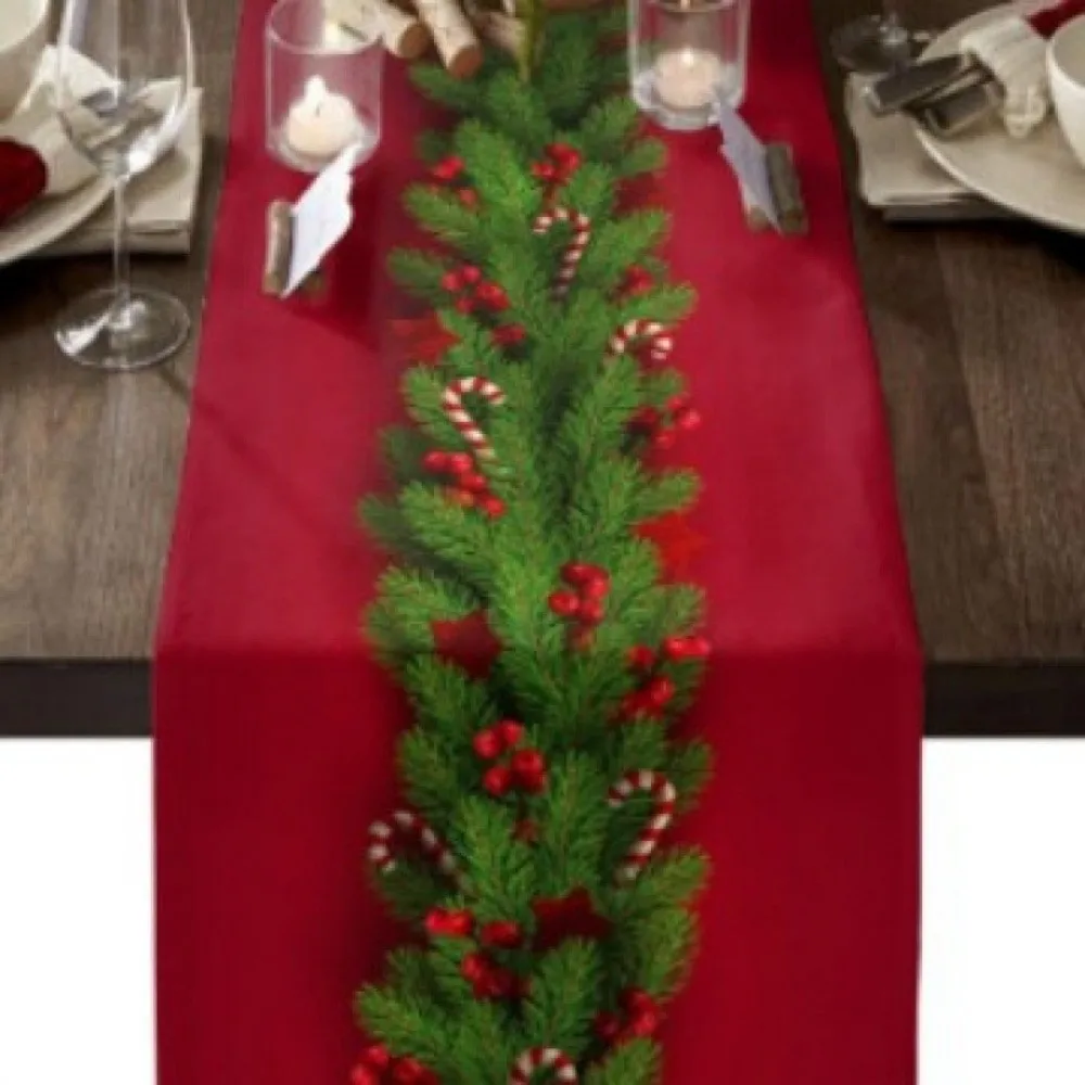 Poinsettia Flower Pattern Christmas Table Runner Long Length Rectangular Shape Holiday Linen Runner Linen Material