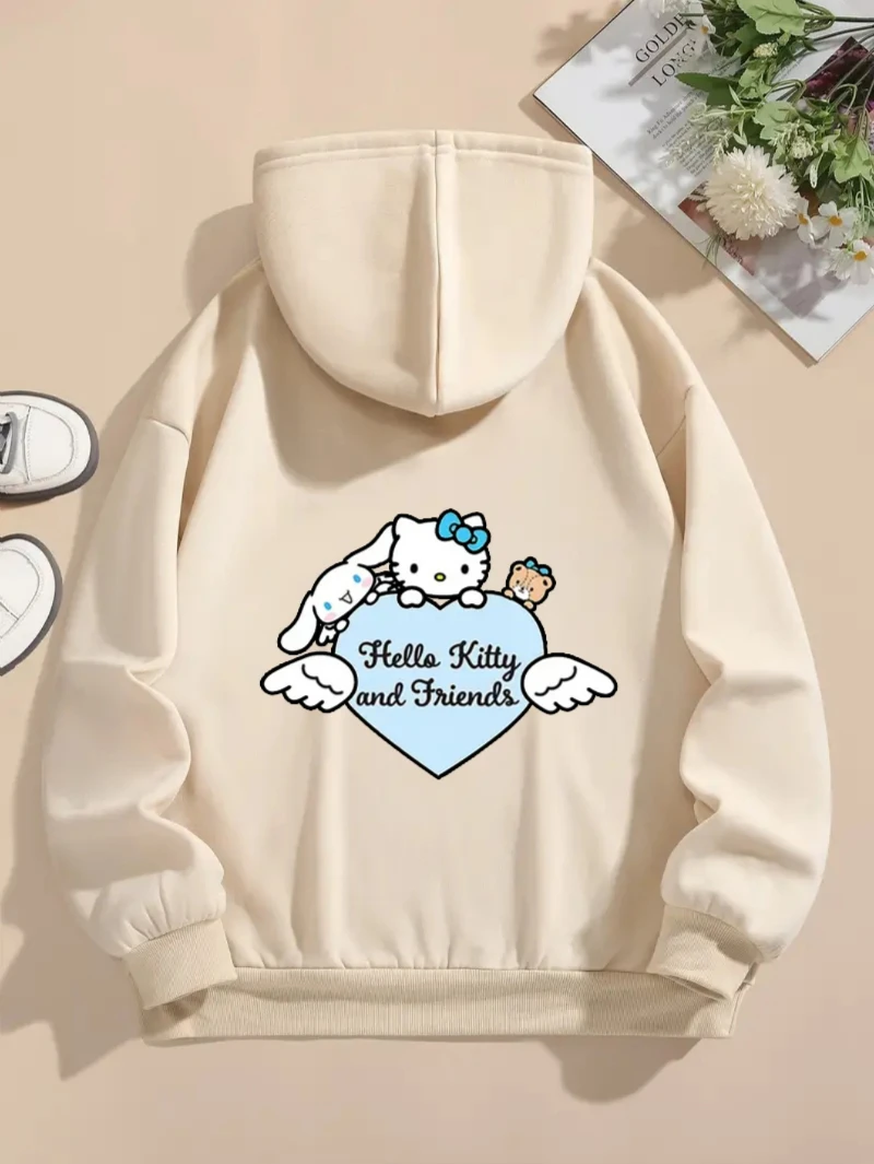 Moletom com capuz estampado Sanrio Picture Hello Kitty com cordão para outono e inverno de algodão quente, confortável e elegante