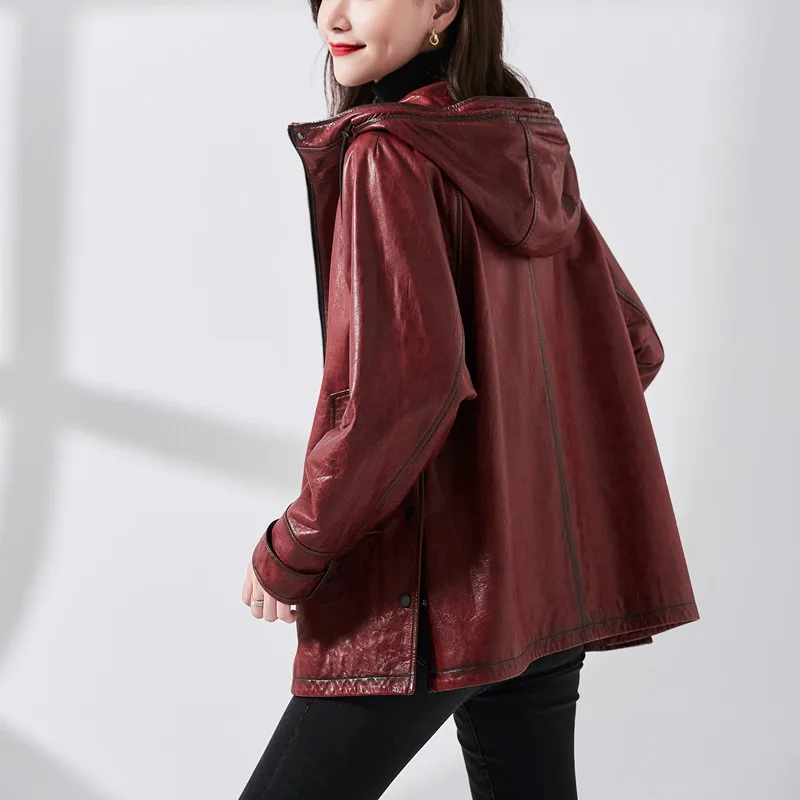 Leather Jackets Women Autumn Vintage Claret Medium to Long Loose Hooded Turkey Sheepskin Waxy Leather Coat Cazadora Piel Mujer