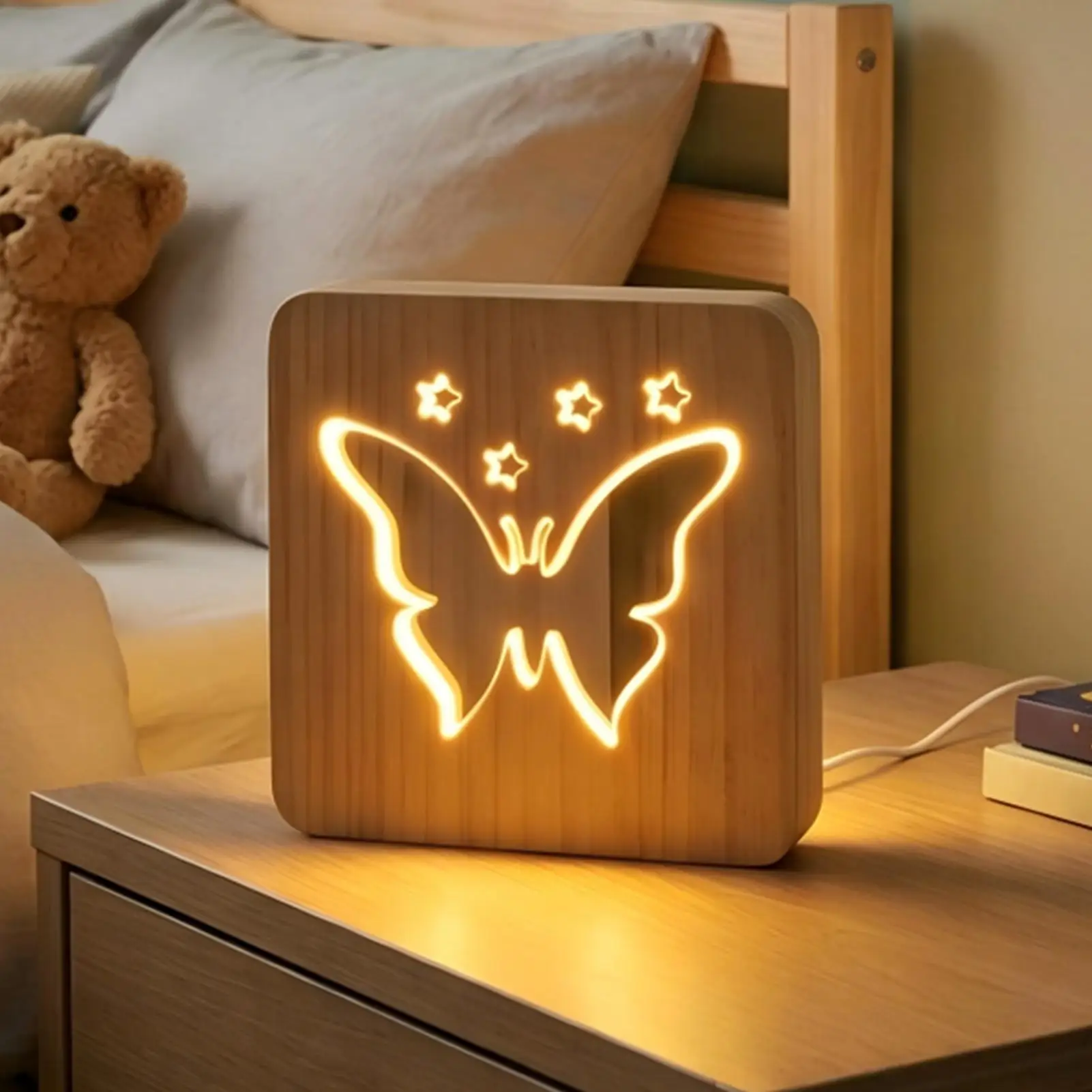 

Bedside Table Lamp Wooden Table Atmosphere Lighting Bedside LED Light For Nursery Nightstand Shelf Bedroom Living Room Home Kids