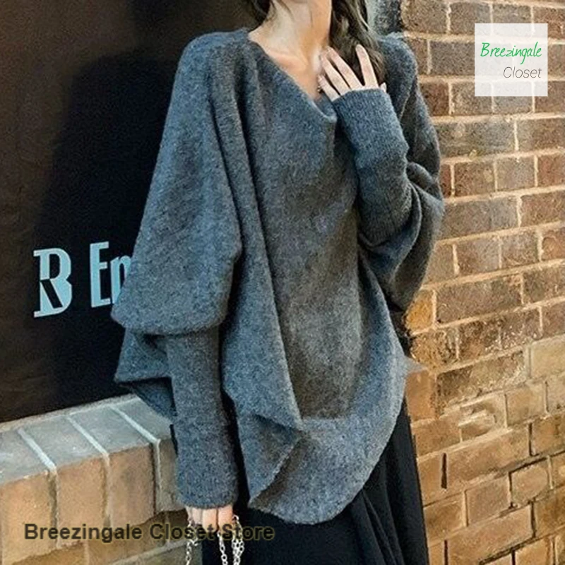 Korean-style irregular long-sleeved sweater Women's autumn and winter fashion niche loose wearing a unique super-nice pullover.