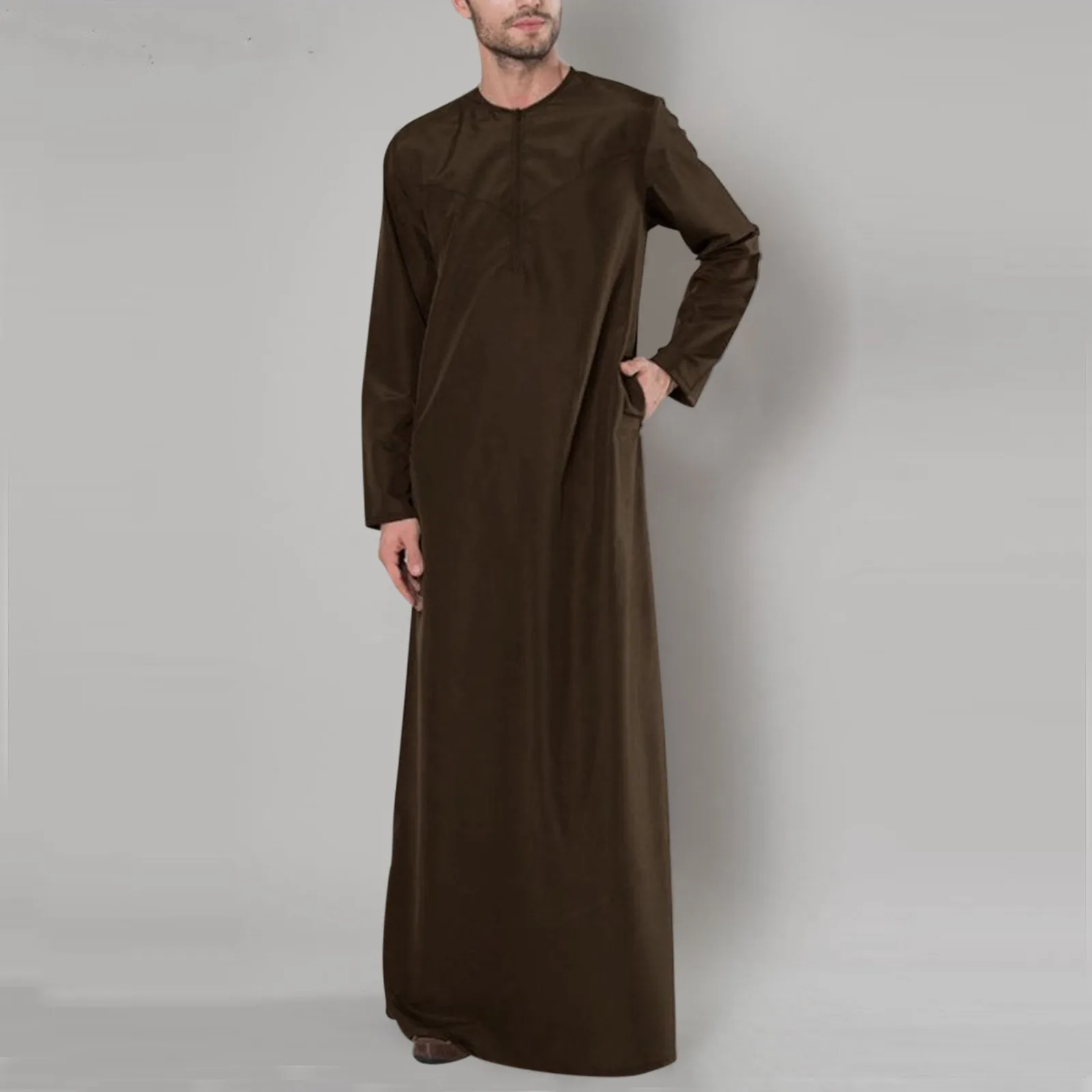 Männer Vintage lose muslimische Robe bequeme muslimische männliche Abaya-Hemd mit Reiß verschluss Rundhals ausschnitt muslimische einfarbige lässige Männer kleidung