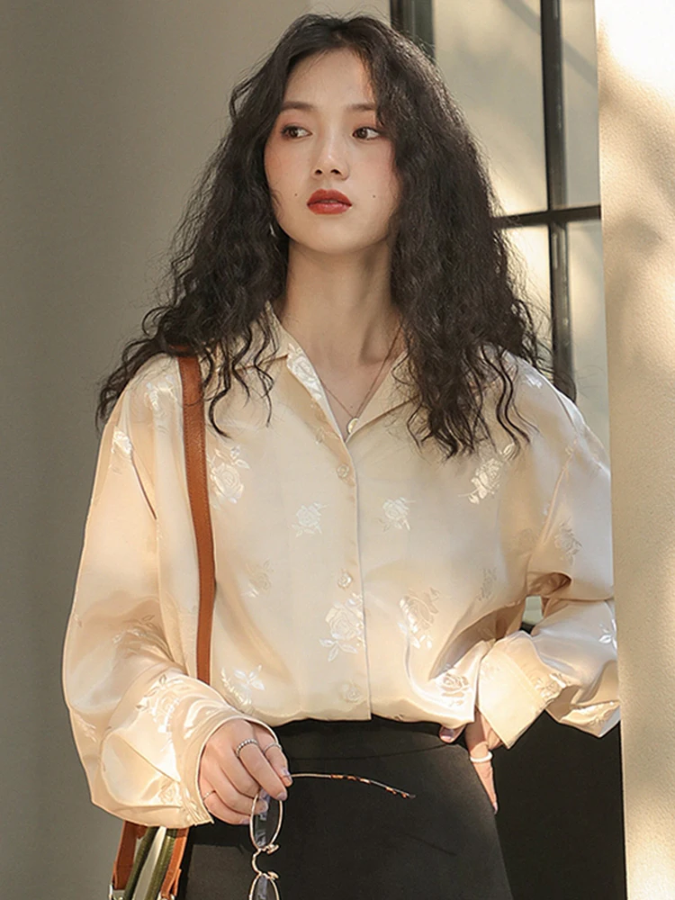 

Retro Hong Kong Sle Floral Print Silk Long Sve irt Loose Women's Spring Autumn College Sle Button up Top