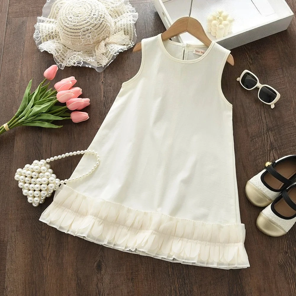 الصيف 3-7 سنوات الفتيات موضة ملابس للحفلات الحلو بلون أكمام س الرقبة فستان مكشكش 1 قطعة الاطفال ملابس بسيطة غير رسمية #1