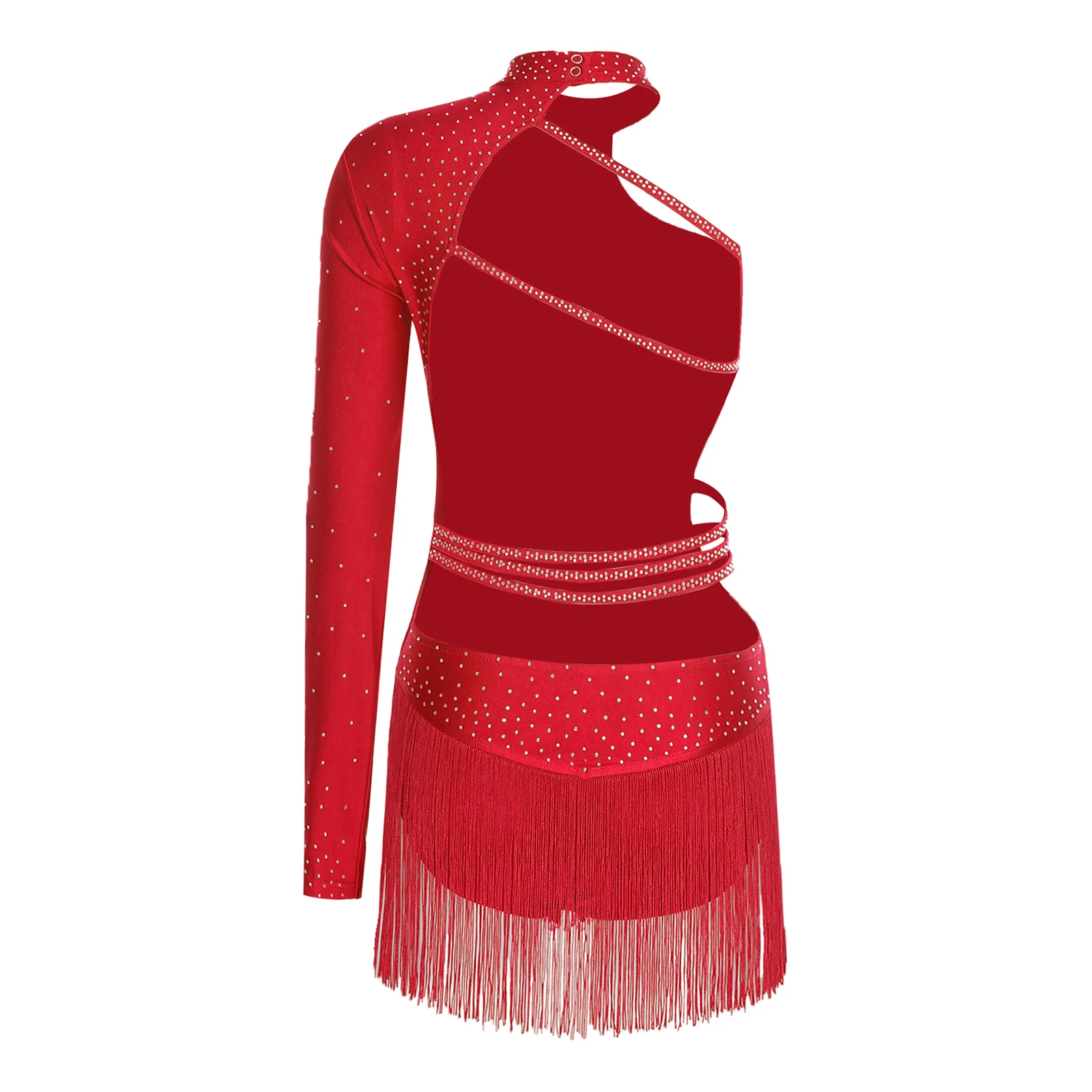 Womens Latin Jazz Dance Leotard Dress Single Long Sleeve Ballerina Costume including Backless Design Tassel Skirted Bodysuit