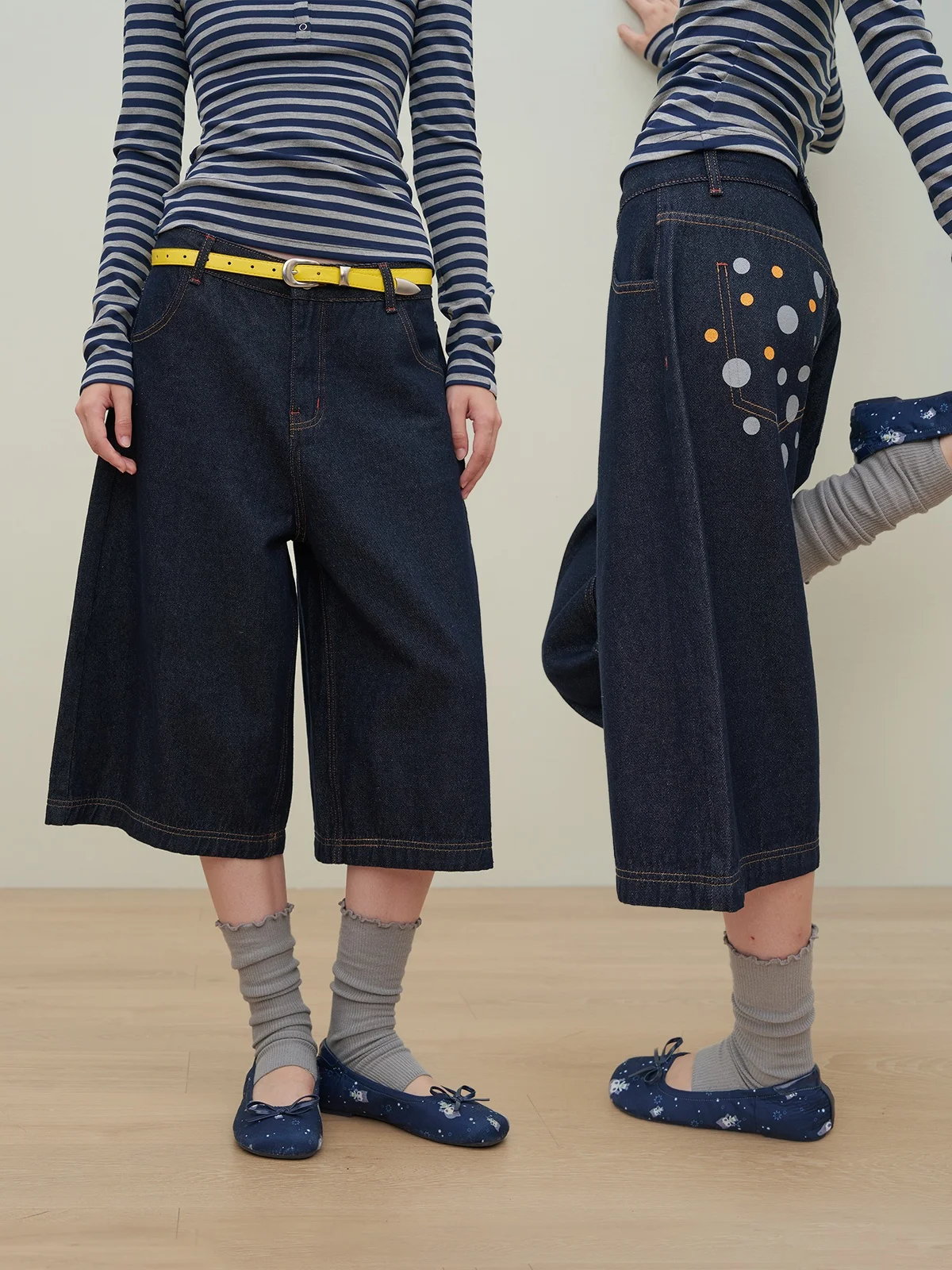 Riverstone plus Polka Dot Pocket Seven Inch Denim Jeans Women's Casual Wide Leg Long Pants Autumn New Style Slimming Effect