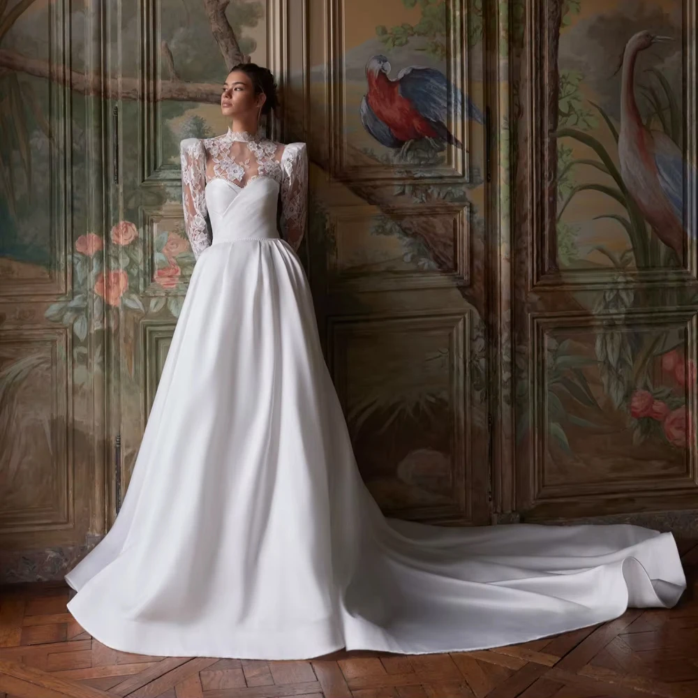 Customized White Satin Detachable Sleeve Wedding Dress Shinny Pearls Lace Long Bridal Gown Customzied Dreamy A-line Bridal Gown