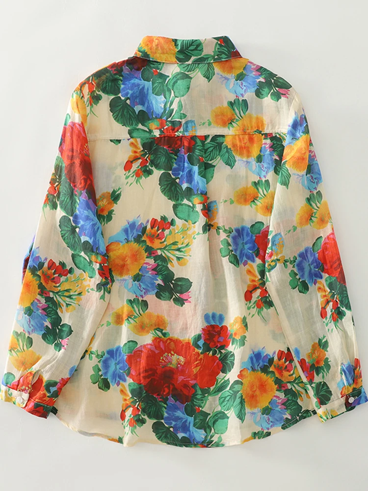 Spring Autumn Printed Cotton Hemp Long Sleeve Shirt Women New Thin Breathable Artistic Blouse Large Loose Casual Shirt Top S105