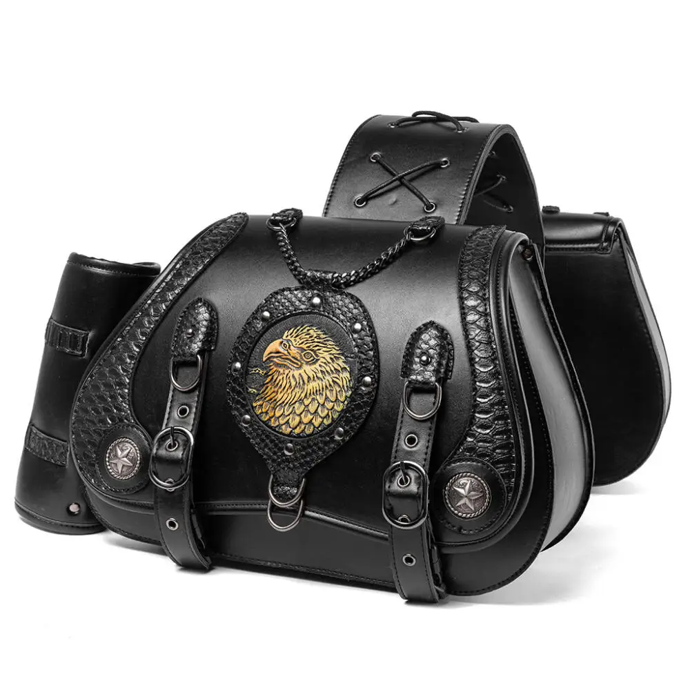 Industrial Retro Style Heavy-Duty Motorcycle Side Bag Embossing Eagle Partern Pu Leather Knight Hanging Bag Medieval Steampunk
