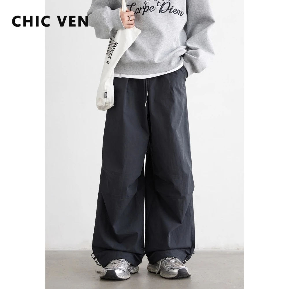CHIC VEN Women Pants Solid Loose Casual Outdoor Workwear Female Wide Leg Trousers Drawstring Windproof Spring Autumn 2025
