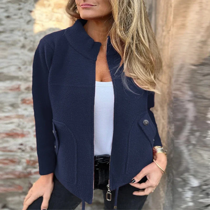 

Elegant Zipper Coat Women Casual Pocket Long Sleeve Turn Down Collar Autumn Winter Jackets For Women Commuting Outerwear
