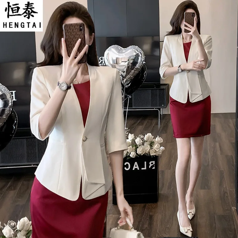 

Белый костюм, платье для женщин, летняя новая приталенная куртка со средними рукавами, элитный костюм, платье, комплект из двух предметов