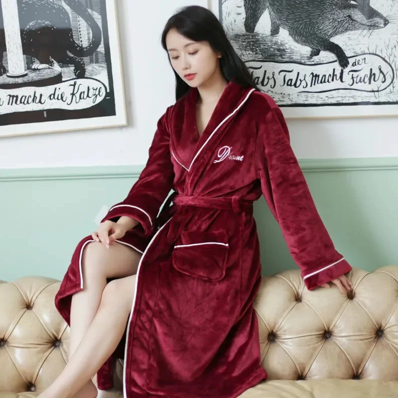 Nightgown Women\'s Winter Coral Velvet Bathrobe Couples Bathrobe Thickened Plus Long Gown Flannel Pajamas Men\'s Autumn/Winter