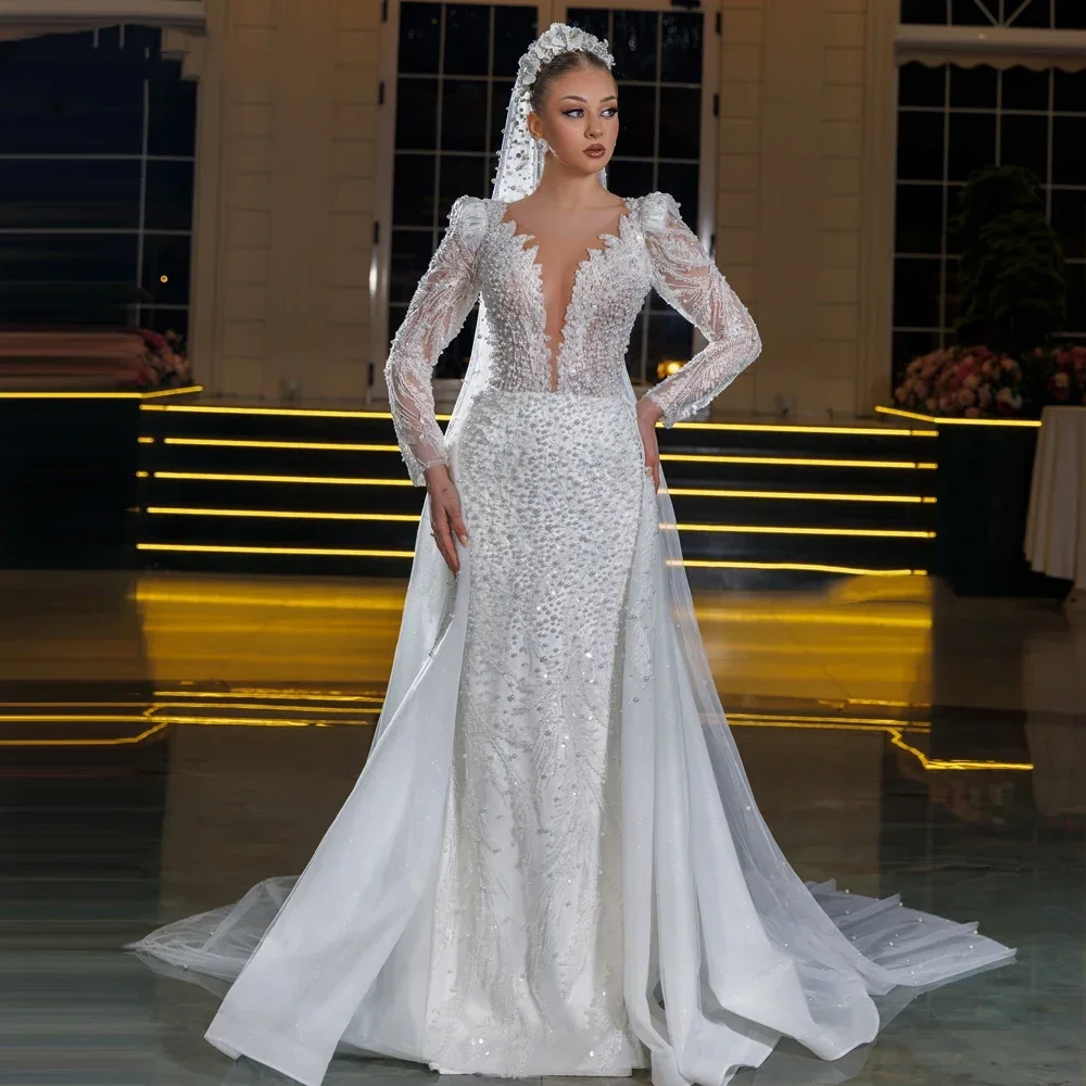 

Luxurious and Shiny V-neck Bridal Ball Dress Exquisite Tulle Pearl Long Sleeve Wedding Dress Formal Occasion Bridal Dress Custom