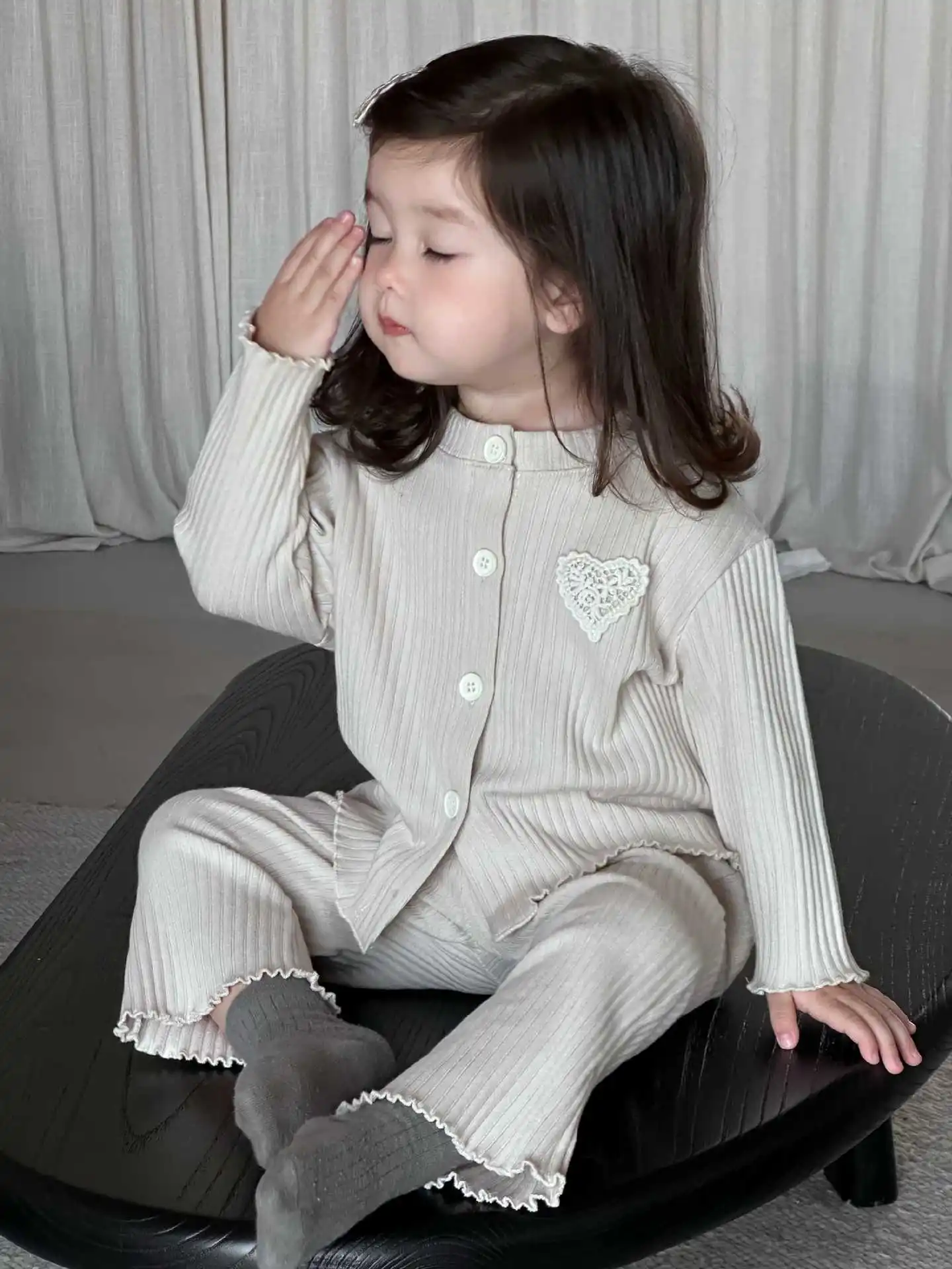 Girls Sweet Heart Cardigan Tops + Pants 2pcs Suit Children Cotton Casual Outfits 2025 Autumn New Baby Long Sleeve Clothes Set