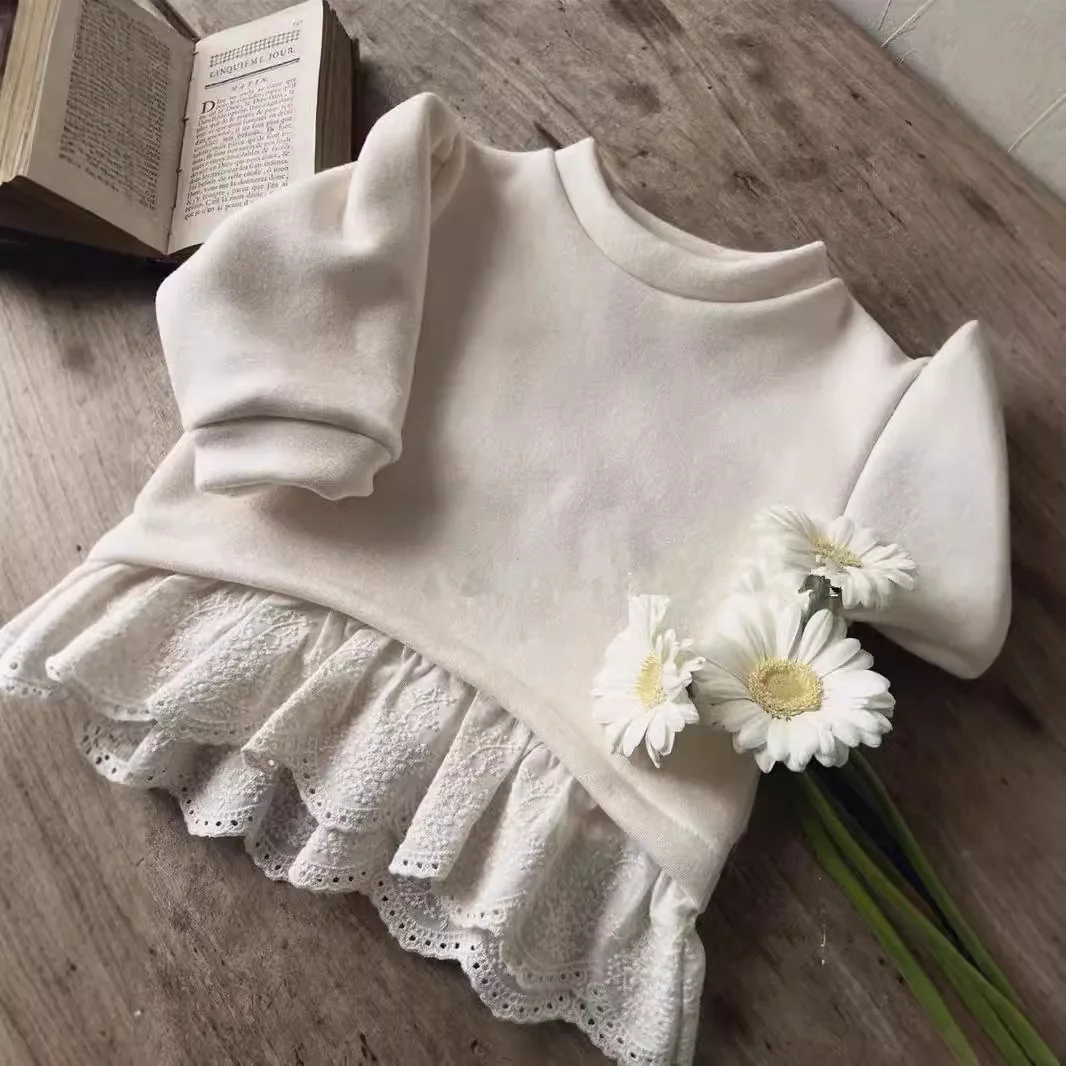 2024 Winter New Baby Girl Long Sleeve Fleece Sweatshirt Plus Velvet Thick Infant Girl Lace Shirts Toddler Warm Sweatshirt