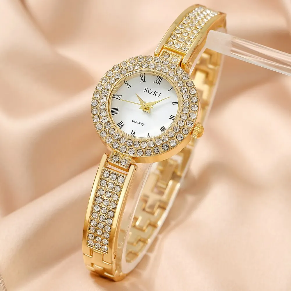 5pcs Dainty Quartz Watch With Jewelry Set Fashion Round Women Watch Rhinestone Necklace Earrings Ring Set