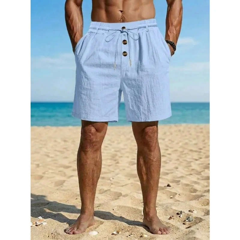 Men's Linen Shorts Drawstring Waist Button Down Casual Loose Beach Summer Pants for Men
