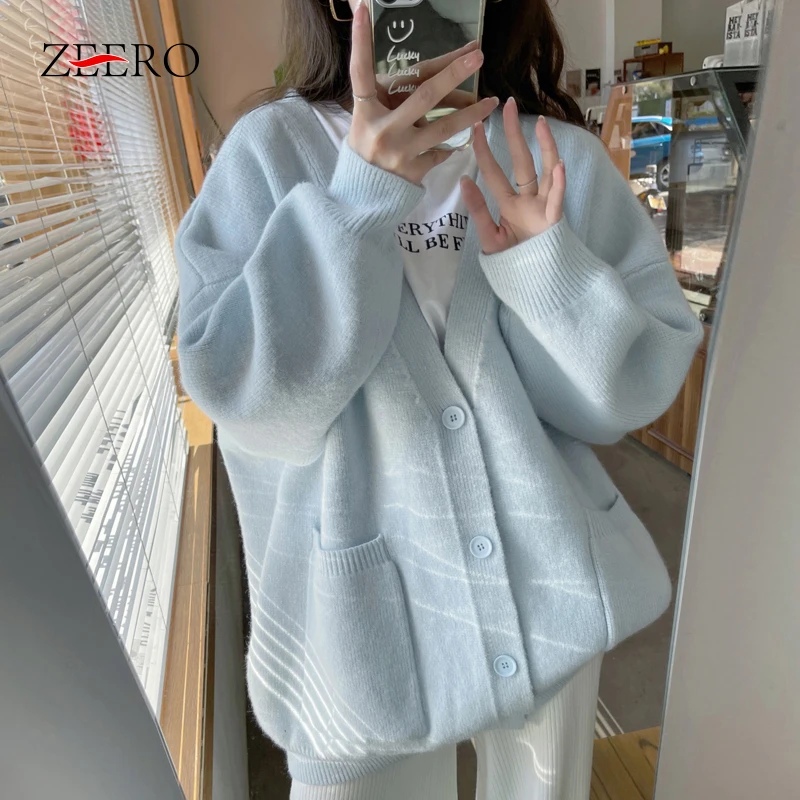 

Свободный вязаный свитер с карманами, пальто, женские свободные однобортные фиолетовые кардиганы с v-образным вырезом, женские осенние повседневные кардиганы