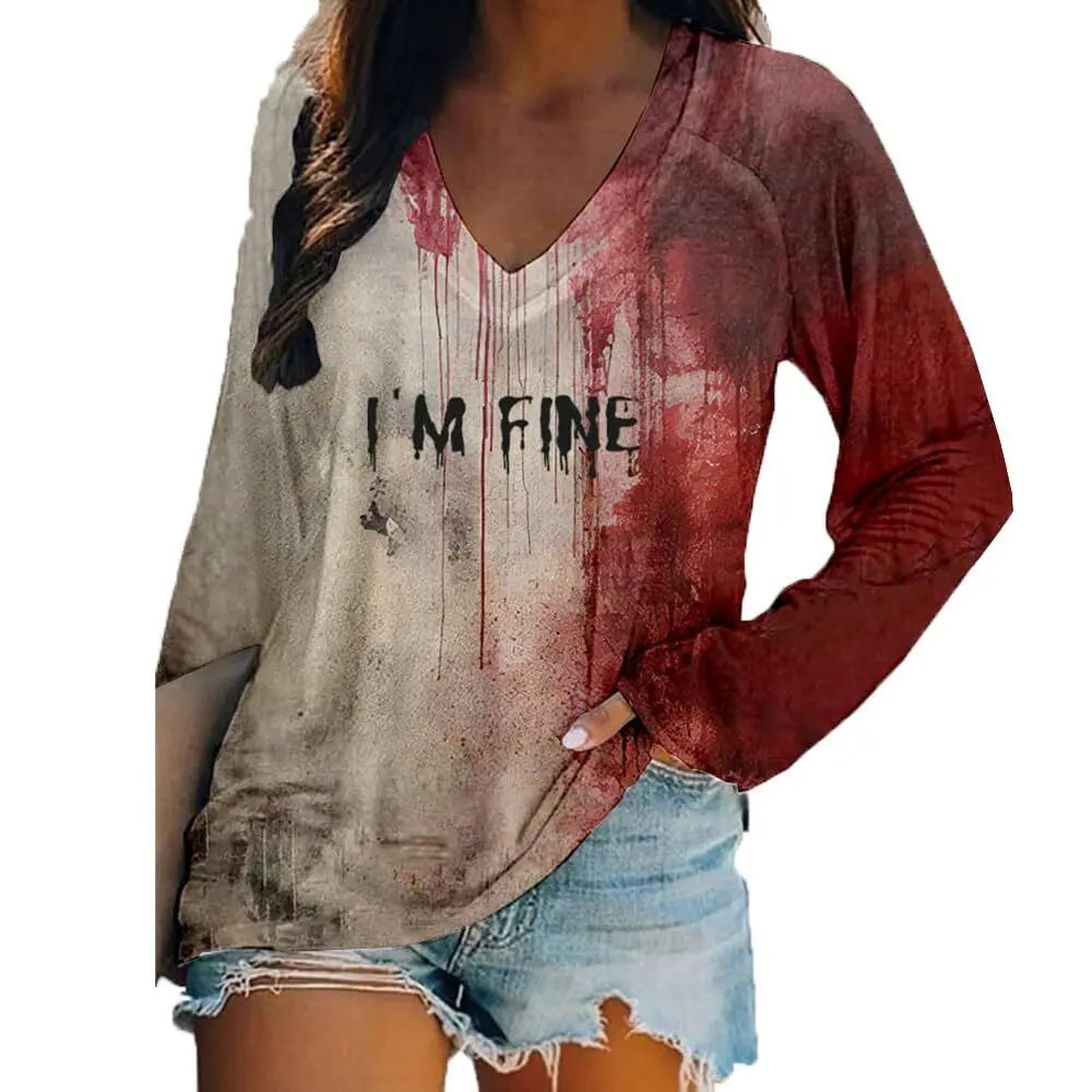 

V-Neck Long Sleeved T-Shirt Horror Pattern 2024 New Item In Stock Autumn Halloween Element Pattern TopWB16